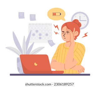 Girl under stress. Woman sits in office at laptop and holds her head. Panic and pressure at work. Overworked and tired employee with emotional burnout. Cartoon flat vector illustration