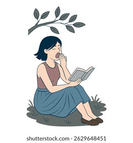 A girl under a tree on the grass, reads a book and yawns. Cute minimalistic illustration. Vector