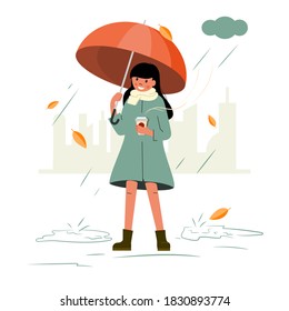 A girl under an umbrella with a Cup of coffee in her hands. Vector, isolated on a white background.