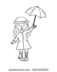 The girl under the umbrella. Drawing of a joyful girl with an umbrella. Vector graphics, hand-drawn, stock cartoon illustration.