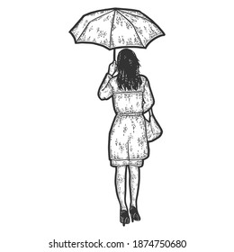 Girl under the umbrella leaves. Full height. Engraving vector illustration.