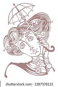Girl under the umbrella. Linear drawing. Vector graphics