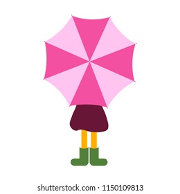 Girl  under Umbrella with purple raincoat and green rubber boots.Vector illustration.