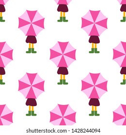 Girl  under Umbrella with purple raincoat and green rubber boots. seamless pattern Vector illustration.