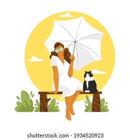 a girl under an umbrella sits on a bench. vector image of a woman with a cat