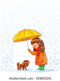 The girl under an umbrella with a small homeless puppy. Protect pet from autumn rain. Funny cartoon character. Vector illustration. Isolated on white background