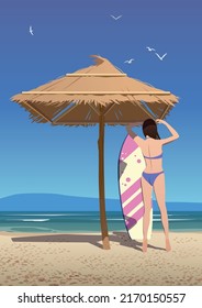 A girl under an umbrella straightens her hair, with a surfboard. Vector.