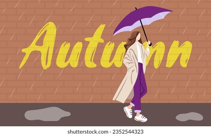 girl under umbrella walks by the wall rain autumn text concept template design poster banner