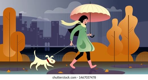 A girl under an umbrella walks with a dog in an autumn park along the embankment.  City street scene. Vector illustration