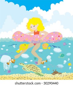 Girl and underwater dwellers