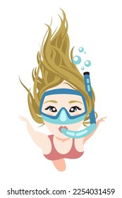 Girl in an underwater mask is snorkeling. Vector illustration