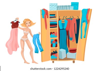 The girl in underwear gathers for an appointment, chooses what to dress. Trousers or dress. The blonde dresses up, near a case with clothes in a house interior. Vector illustration of girls live