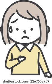 A girl with an uneasy expression who is sweating cold and putting her hand on her chest.
Simple style illustrations with outlines. Elementary school or kindergarten girl.