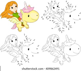 Girl and unicorn. Coloring book and dot to dot educational game for kids