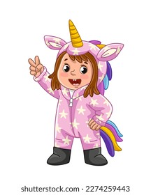 Girl in unicorn costume. Child with horn and colorful tail, rainbow. Imagination, fairy tale and fantasy. Cheerful character in pajama. Activity and leisure. Cartoon flat vector illustration