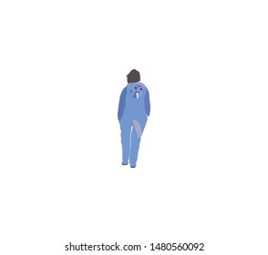 girl in unicorn costume walks from the back. woman in kigurumi having fun on white background.