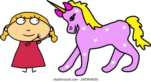 Girl and unicorn. Fairy-tale character and child. Vector for baby design. Child stretches his hands to a fantastic animal.