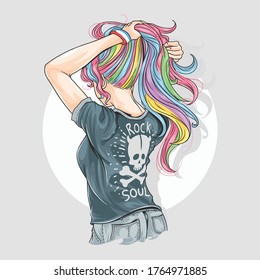 GIRL UNICORN FULL COLOUR HAIR WITH ROCKER T-SHIRT ARTWORK VECTOR