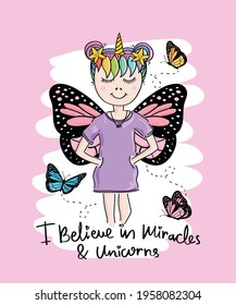 Girl with unicorn hairstyle and butterfly wings, design for fashion graphics, t shirt prints, posters, greeting cards etc