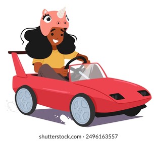 Girl In A Unicorn Helmet Confidently Drives A Sleek Red Sports Pedal Car, Looking Ahead With Determination And Joy. Little African American Child Character Racing. Cartoon People Vector Illustration