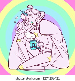 A girl with a unicorn horn on her forehead wrapped in a blanket and with a mug in her hand. Rainbow background. Vector illustration.