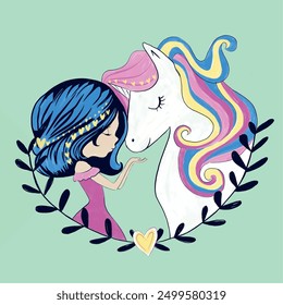 girl and unicorn illustration. girl tshirt pattern design and more