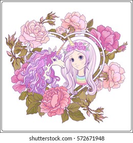 Girl and unicorn with multi-colored curly mane in roses garden. Good for greeting card for birthday, invitation or banner. Stock vector.