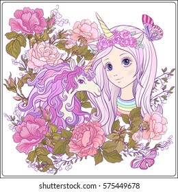 Girl and unicorn with multi-colored curly mane in roses garden. Good for greeting card for birthday, invitation or banner. Stock vector.