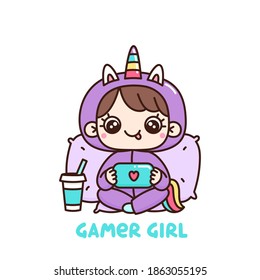 Сute girl in unicorn pajamas with console or phone playing video games. Vector cartoon illustration isolated on white background.