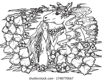 The girl and the unicorn picture for download. Beautiful drawing with flowers