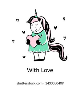 Girl unicorn with pink heart in her hands. Vector illustration in cartoon style