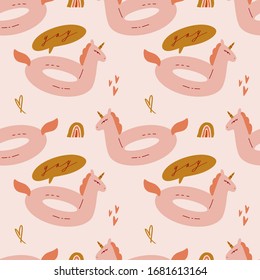 Girl unicorn pool float in vector. Summer funky doodle illustration. Party concept. Seamless pattern.