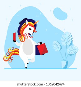 Girl unicorn talking on the phone, taking a selfie, buying gifts in a shopping store, vector