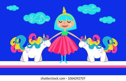 Girl unicorn, two unicorns iridescent. Children's background, print for T-shirt, poster, cartoon unicorn
