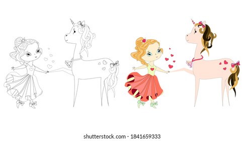 Girl and unicorn. Vector illustration. Linear drawing. Coloring page.