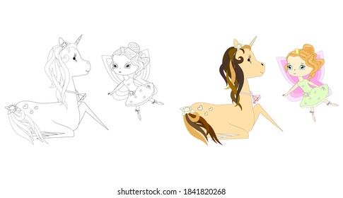 Girl and unicorn. Vector illustration. Linear drawing. Coloring page.