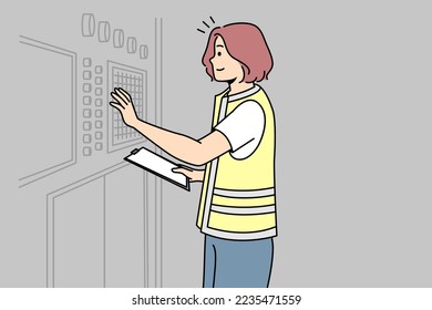 Girl in uniforme ajusta el equipo industrial en el panel de control con botones en fábrica. La mujer que trabaja verifica la configuración, el estado actual, el rendimiento en la planta. Ilustración de color de línea delgada vectorial.