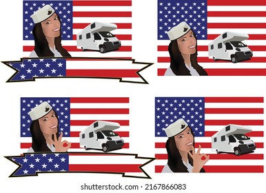 girl in uniform as an American camper hostess and flag