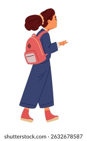 Girl in uniform with backpack going to school flat vector illustration isolated on white.