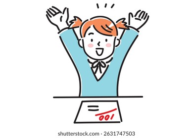 A girl in uniform is happy to get 100 points on a test