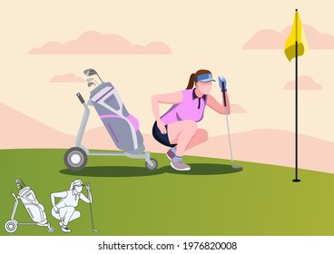 Girl in Uniform Playing Golf on Course with Green Grass. Girl Check the distance of the golf ball to Hole, Sport Game Tournament, Summer Spare Time. Flat Vector Illustration