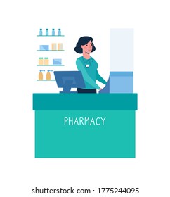 Girl in uniform sells pills in a pharmacy. Woman cashier stands behind counter, prints a receipt for purchases. Vector illustration in a flat style. White background, isolated.
