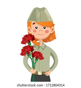 a girl in the uniform of a Soviet soldier with flowers in their hands. May 9 red carnations. vector illustration for Victory Day