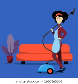Girl in uniform with a vacuum cleaner in her hands against the background of the interior of the apartment. Vector illustration.
