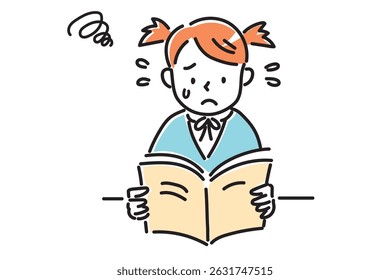 A girl in uniform is worried while reading a textbook