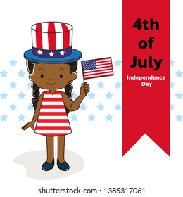 Girl with united states flag cartoon, "happy 4th of July" The day of independence of America