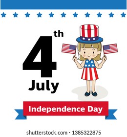 Girl with united states flag cartoon, "happy 4th of July" The day of independence of America