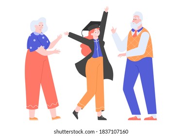 Girl a university or college graduate in a black cap and happy parents. Education. Vector flat illustration.