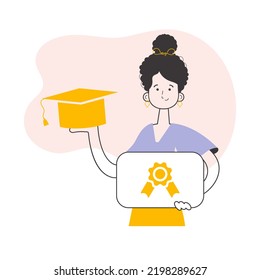 The girl is a university graduate holding a diploma. Line art style. Vector illustration.