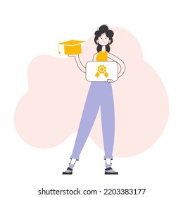 The girl is a university graduate holding a diploma. Trendy style line art. Vector.